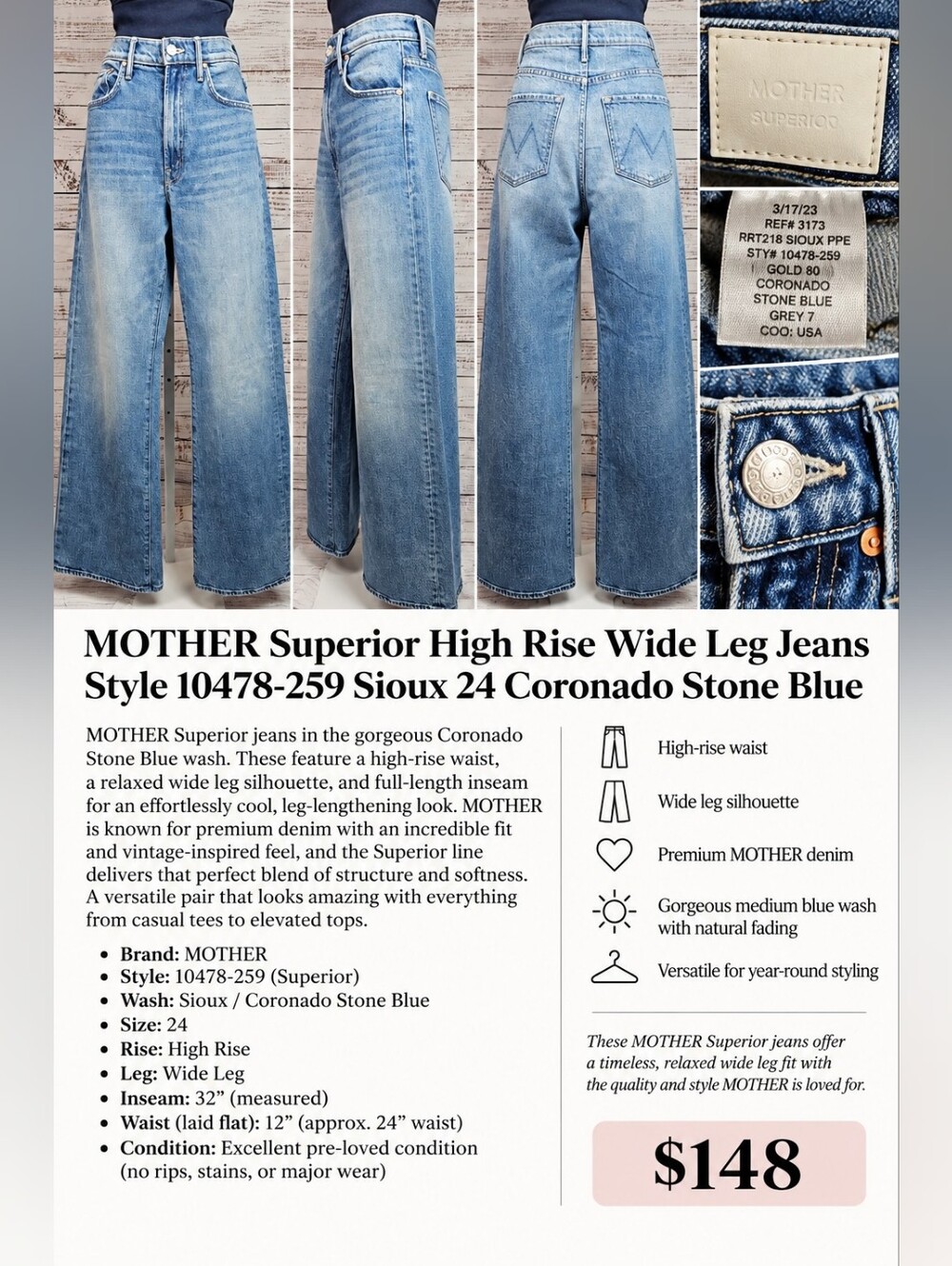 MOTHER Superior High Rise Wide Leg Jeans 24 Coronado Stone Blue